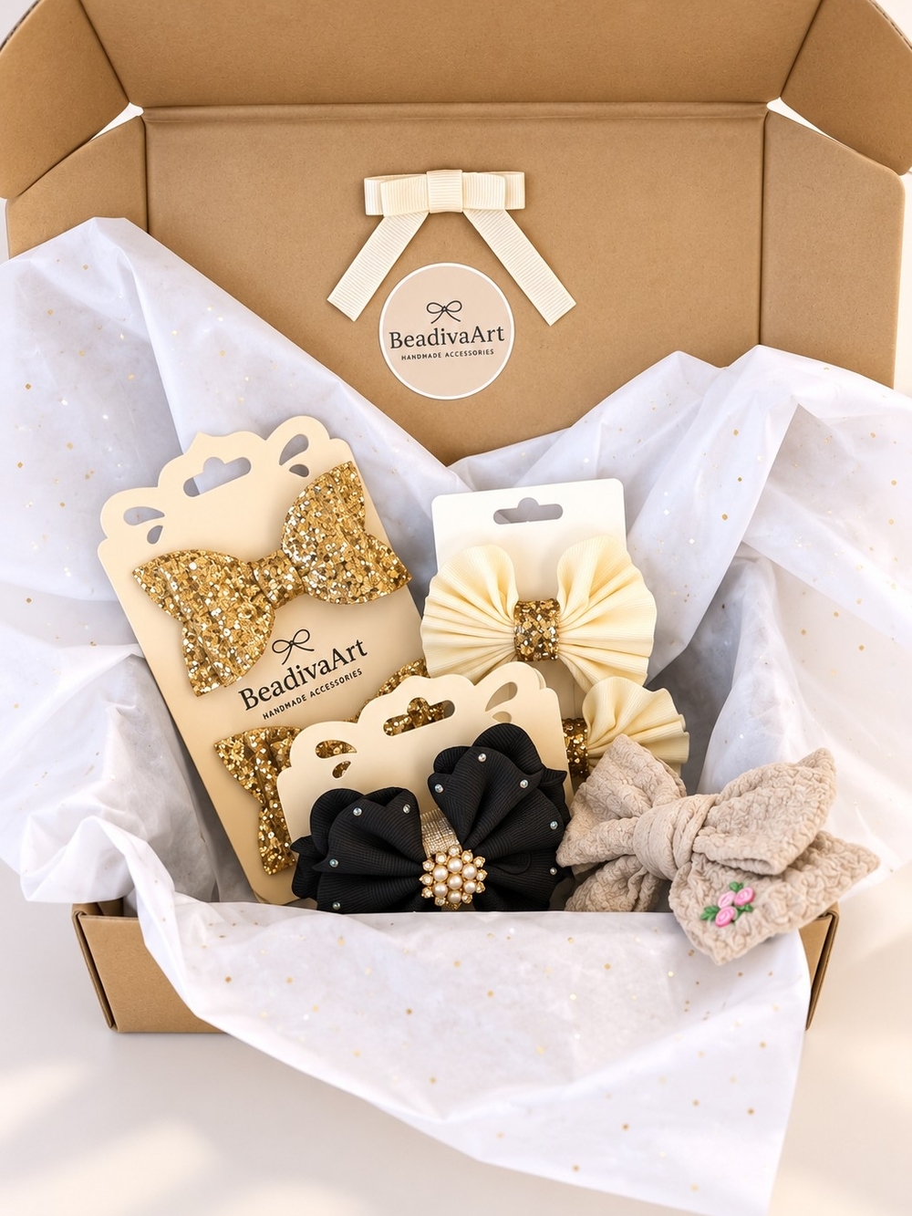 Girls' Hair Bow Gift Set — Cream, Gold & Black